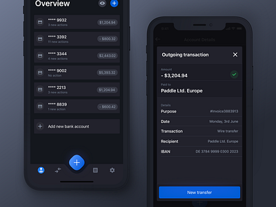 Dark Mode Mobile Banking Application balance banking bankingapp blue card dark darkmode finance fintech interaction ios ios13 iphone mobile swiftui transaction ui uiux ux