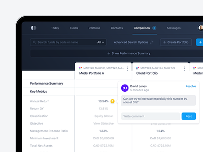 Add Comments - Fund Comparison app button clean compare comparison dashboard data data visualization design finance fintech fund management interface metrics minimal platform portfolio ui user interface ux