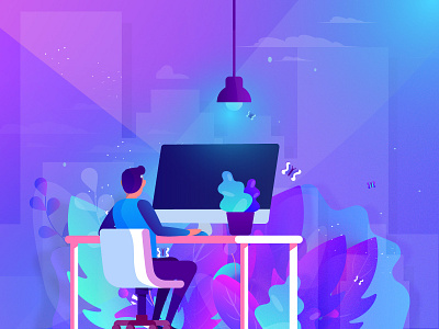 Illustration branding character color data design environment forest gradient header heaven illustration illustrations pc scene tree ui ux vector website working