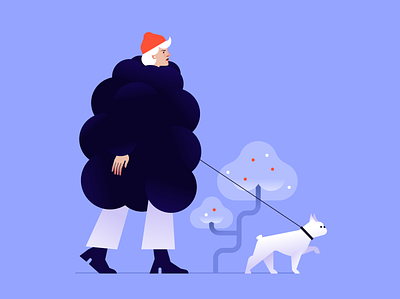 big coat, little dog character coat dog frenchie girl illustration plant puppy sketch walking winter woman