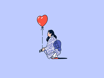 🎈 balloon character crouch heart indigo japan japanese kimono woman yukata