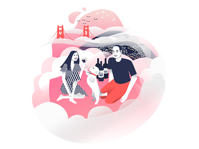 Karl: Every San Franciscan's Inevitable Third Wheel 🍷 character city cloud couple dog fog golden gate gradient karl picnic san francisco wine