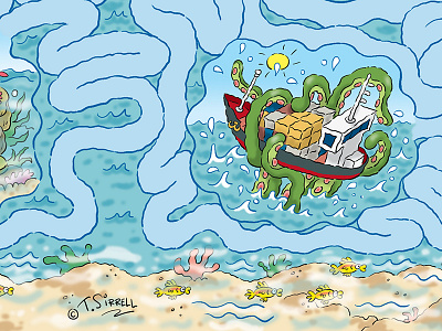 "Hazards at Sea" cartoon cartoon maze giant squid humorous illustration kids magazine kraken maze puzzle