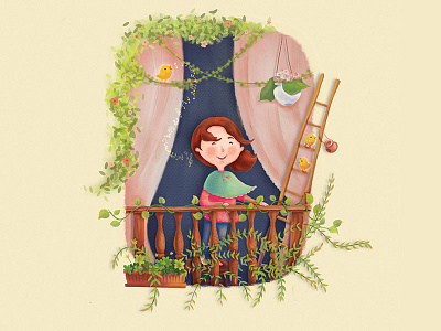 Nour balcony birds book character children design flowers garden happiness pure soul