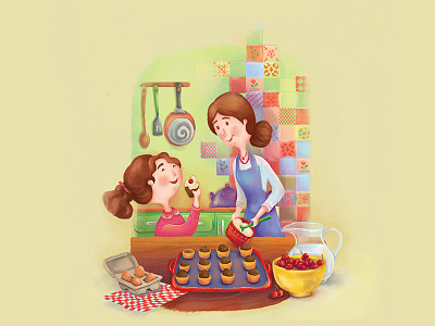 Nour And Her Mom and baking cherries cooking cupcake daughter kitchen milk mother