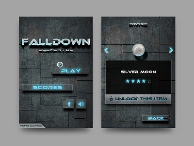 Falldown Game Screens cyberpunk elemental elements fall down falling ball gyroscope hungrybolo metal sensible skeuomorph texture