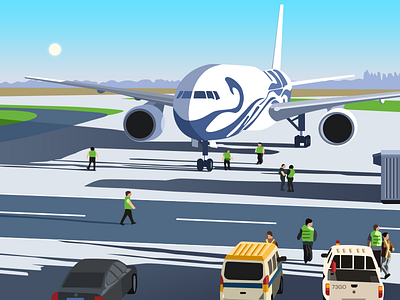 Busy airport car city dispatcher flat illustration plane sunny van