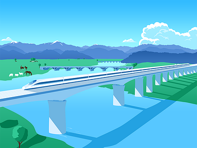 A speeding Railway grassland horse illustration midsummer rivers sheep sky train transport tree viaduct