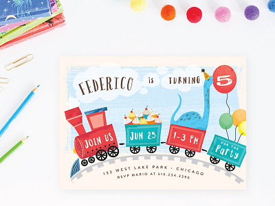 Fabriano adorable balloon birthday children dinosaur fun illustration invitation kids party stationery train