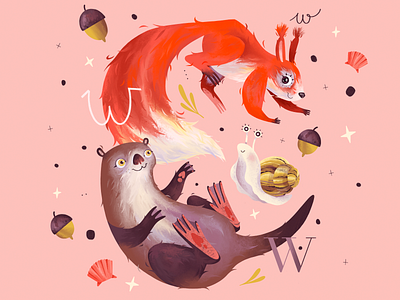 "W" animals acorn acorns illustration otter otters procreate procreate app procreate art seashell seashells snail snails squirrel squirrels
