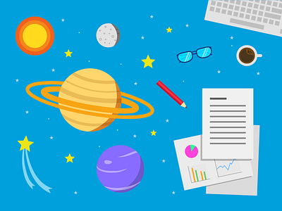 Illustrations For Banners coffee design desk glasses graphic design illustration illustrator papers planets research science solar system space sun vector work