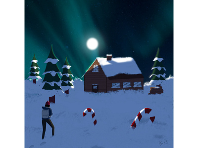 Aurora Borealis aurora borealis girl house illustration light moon snow
