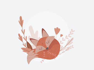 Fox. animal floral flower flowers fox fur illustration sleepy