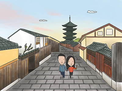 Kyoto cartoon custom drawing illustration japan kyoto people scenery travel