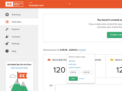 Hello Bar dashboard redesign chart dashboard data date range graph interface minimalist navigation ui ux visualization web app