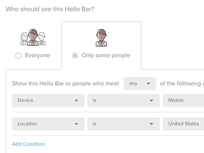 Targeting UI for Hello Bar clean design dropdown icons interface menu navigation selection settings ui ux web app