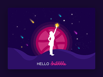 Hello Dribbble catch dribbble girl hello illustration pink purple stars