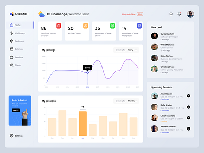 Online coaching Dashboard - Light Theme admin calendar charts clean dashboad earnings light theme minimal money online session ui uxui