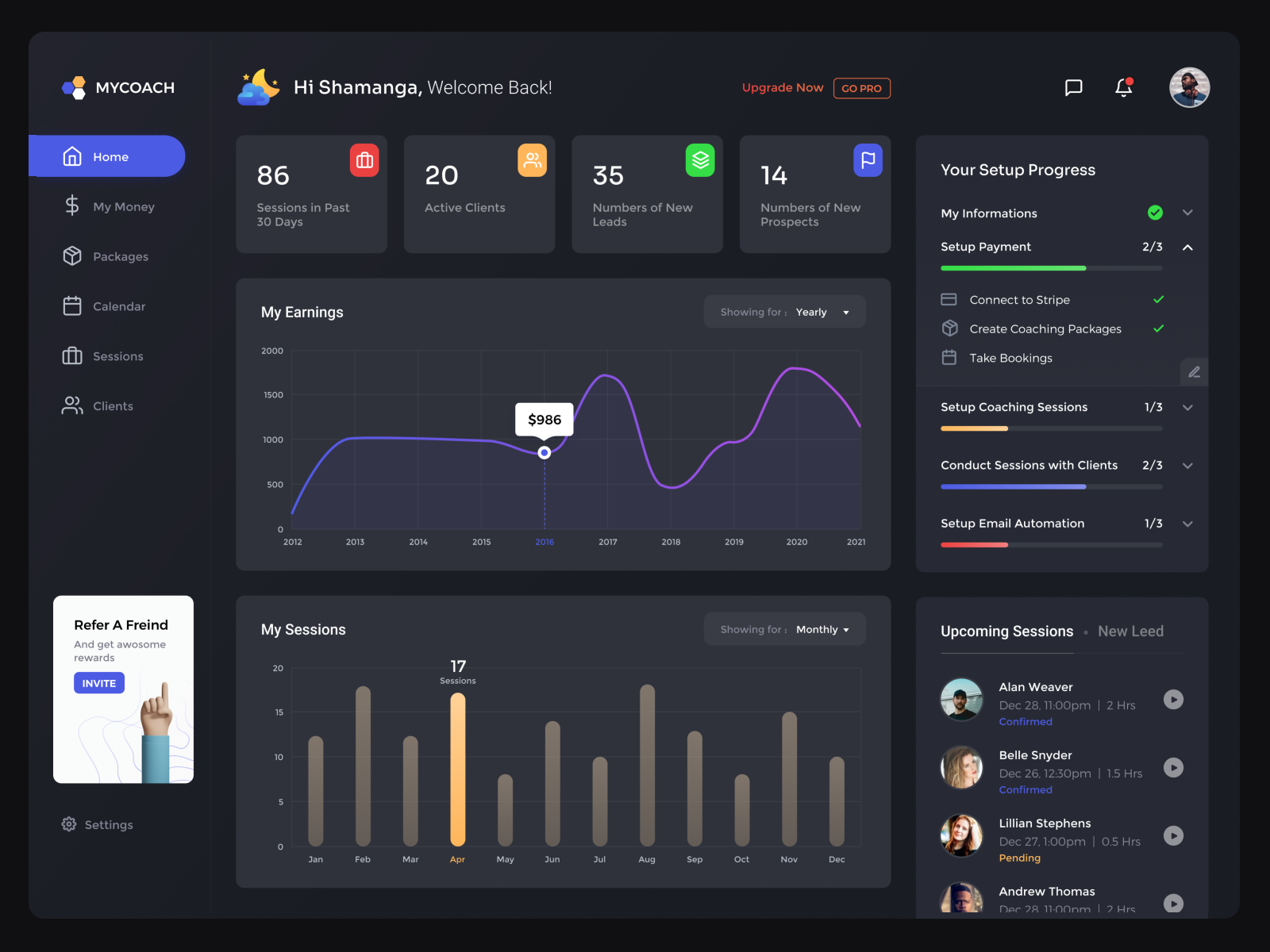 Online Coaching Dashboard - Dark Mode by Piumanga Vijayantha on Dribbble