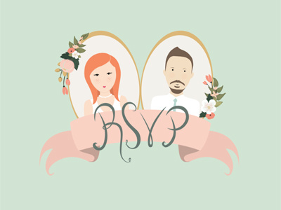 RSVP Card caricature floral hand drawn invitation mint ribbon rsvp type wedding