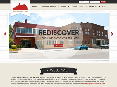 The Coil Factory - Homepage Concept banner design home page home town html mobile responsive responsive design roanoke rwd screen small town tablet the coil factory web wood