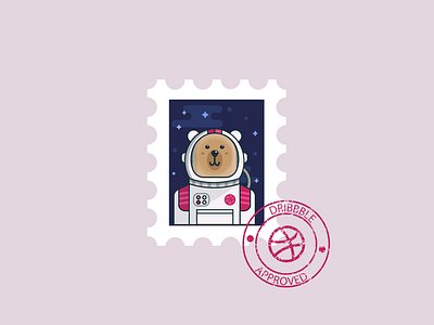 Hello Dribbble! astronaut bear debut flat illustration ink space stamp