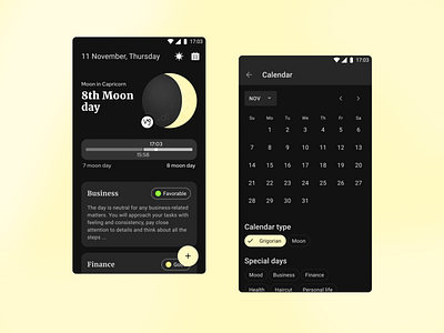 Moon calendar Android app android app design esoteric material design mobile app moon ui ux