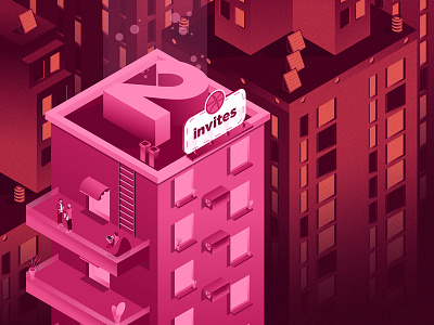 2 invites! 3d city draft dribbble illustration invite isometric pink prospects two