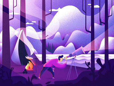 Night on a camp camp colorful design flat illustration montains violet