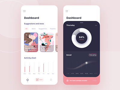 Chill App 🛋💆‍♂️ app chart clean dashboard design flat illustration meditation mobile modern news pink relax ui ux vector yoga