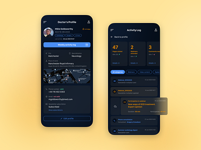 Medicircle activity tracker dark mode dark theme dashboad kpi medical medical care medicine mobile app mobile design pharmaceutical product design timeline ui design user profile ux design