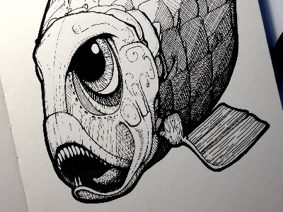 Something fishy going on… aquatic black and white drawing fish illustration pen and ink sea life sketchbook