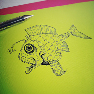 Angler fish doodle drawing fish illustration pen ink