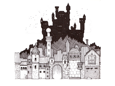 City black and white illustration pen sketch
