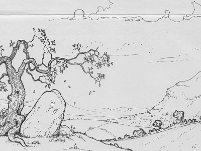 Tree And Rock black white drawing illustration landscape pen pen ink sketch
