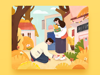 Autumn day autumn couple flat illustration love warm web yellow