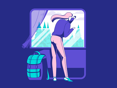 Girl travel by train adobeillustator adventure backpack flat forest girl graphic illustration purple sky train travel tree ui vector wind window