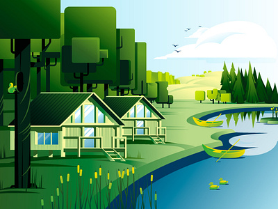 forest rest blue boat duck forest green house illustration lake landscape nature relax rest resthouse sly summer ui vector vector artwork vector illustration water