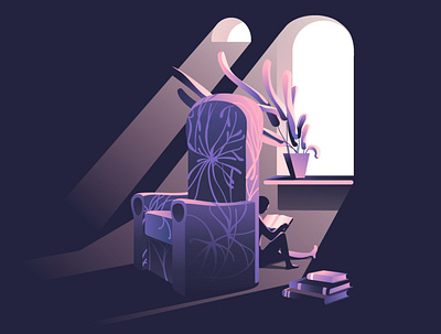 strange room chair characters flat gradient illustration interior light plants purple reading room design vector