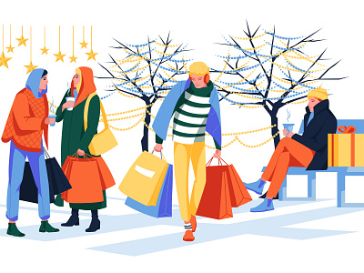 Black Friday and Christmas shopping is coming! blackfriday characters christmas city communication december holiday illustration november people shopping street vector winter
