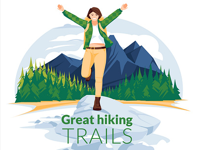 Great hiking trails chracters design flat forest girl hiking illustration landscape lifestyle mountains rest season tourism travel vacation vector art walking