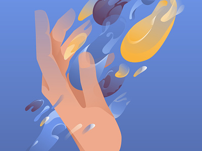 Human hand in a stream of flying amorphous shapes
