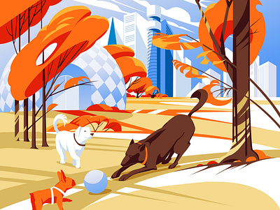 Dogs in the autumn park animal autumn building city clouds dog domestic fall forsale illustration inprnt landscape nature park play print season sky tree vector