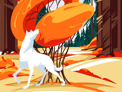 White wolf in the autumn forest animal autumn birds clouds coniferous environment fall forest forsale illustration landscape nature print season sky spine vector wild wolf