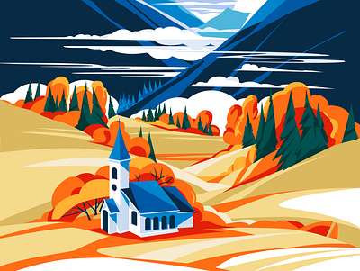Church among the autumn mountains art autumn blue church clean coniferous environment fall flat forest forsale illustration landscape mountains print season spine tree vector weather