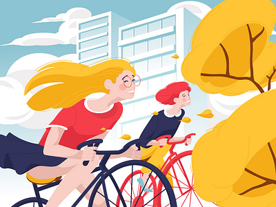 Cyclists Girls autumn bright building circle cyclists drive dynamic fall girl happy sky yellow
