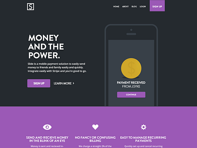 Slide Landing Page app batch coin flat grape soda icons ios iphone landing page money payment purple stripe web