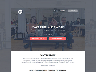 YunoJuno Homepage clean coral flat freelance hire jobs minimal recruitment simple web