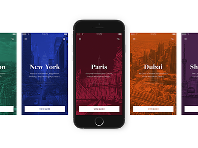 City Guides app cities city colour dark flat guides ios minimal overlay travel ui