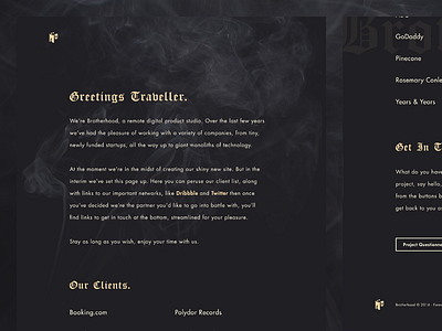 Brotherhood Placeholder Concept agency blackletter dark depth gold gothic medieval smoke studio ui ux web